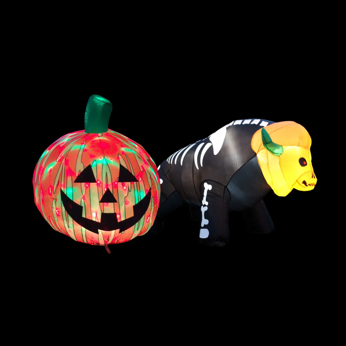 Spooky Inflatable Halloween Bundle lIght Up Pumpkin and Inflatable Skeleton Buffalo with Pumpkin Head by BuffaBlo