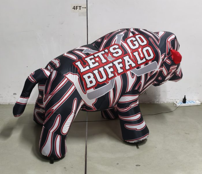 Let's Go Buffalo inflatable hockey decoration, daytime rear angle