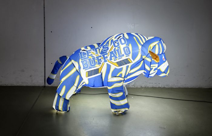 23-inch blue, white and gold buffalo hockey inflatable glowing with LED lights, side view